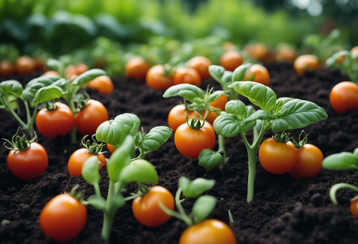Lush tomato plants surrounded by a layer of mulch, retaining moisture and suppressing weeds. The mulch keeps the soil warm and protects the roots, promoting healthy growth and abundant fruit