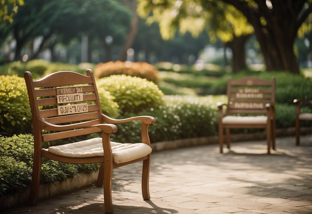 A serene garden with tan furniture and a sign reading "Frequently Asked Questions" in Taman Universiti