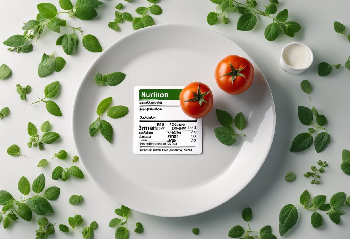 A single tomato sits on a white plate, with a nutrition label next to it displaying the calories. The tomato is bright red and surrounded by a few green leaves