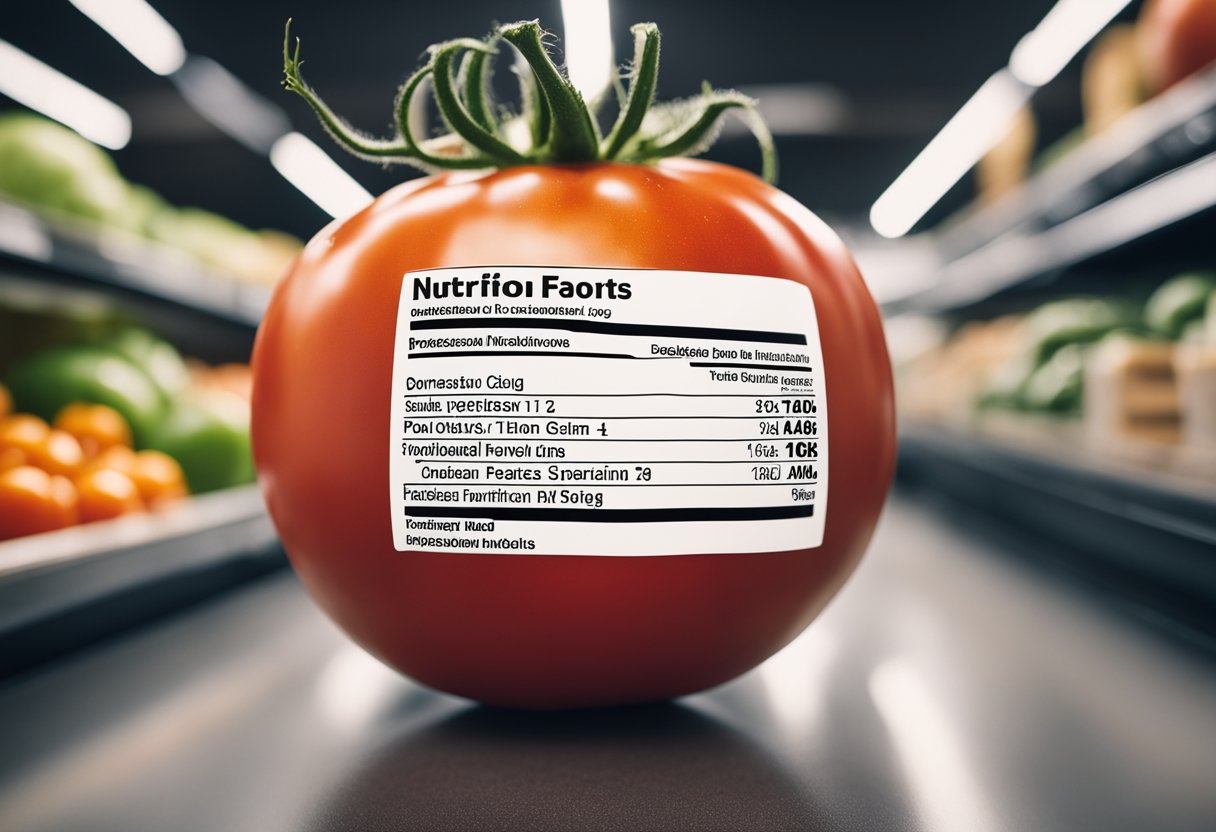 A whole tomato with nutritional information label next to it