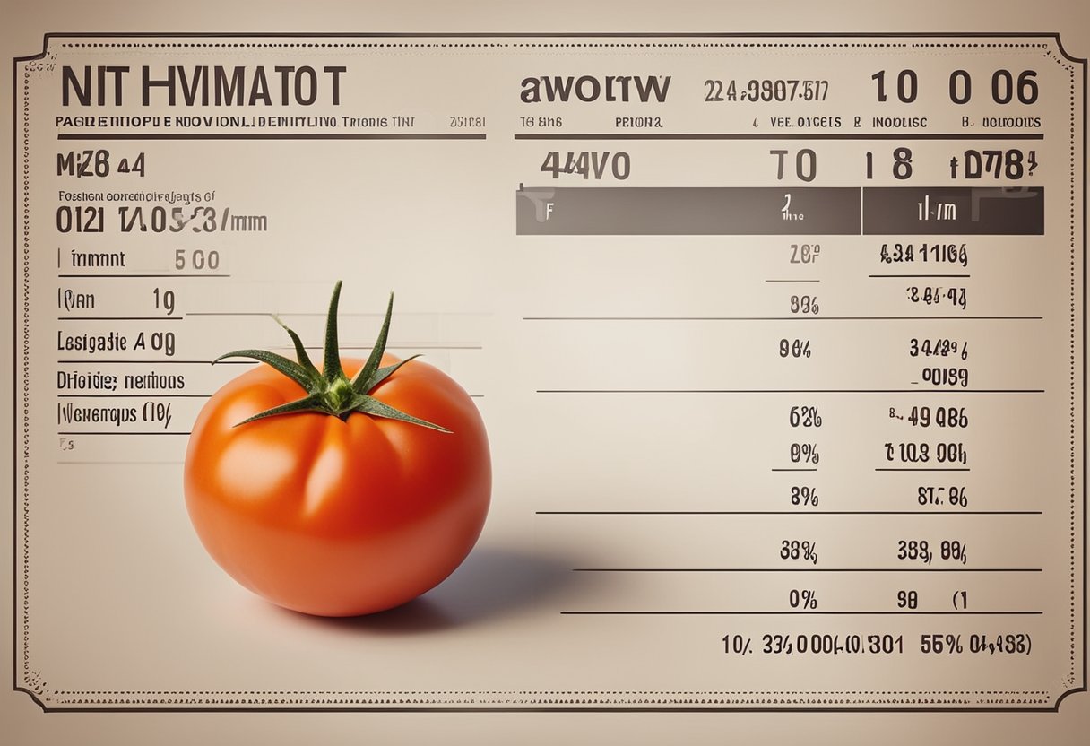 A ripe tomato with a calorie count of 22 displayed next to a measuring scale and a nutritional information label