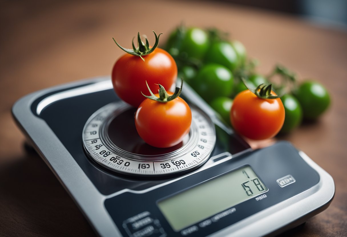A small tomato sits on a scale, its weight displayed. A nutrition label shows the calorie count. A measuring tape and a handful of cherry tomatoes lie nearby