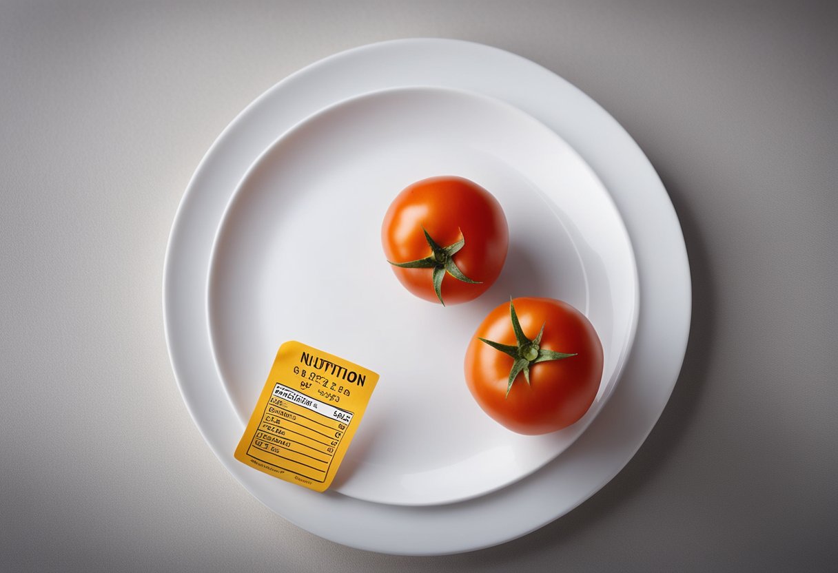 A small tomato sits on a white plate, with a nutrition label next to it. The label shows the calorie count and other nutritional information