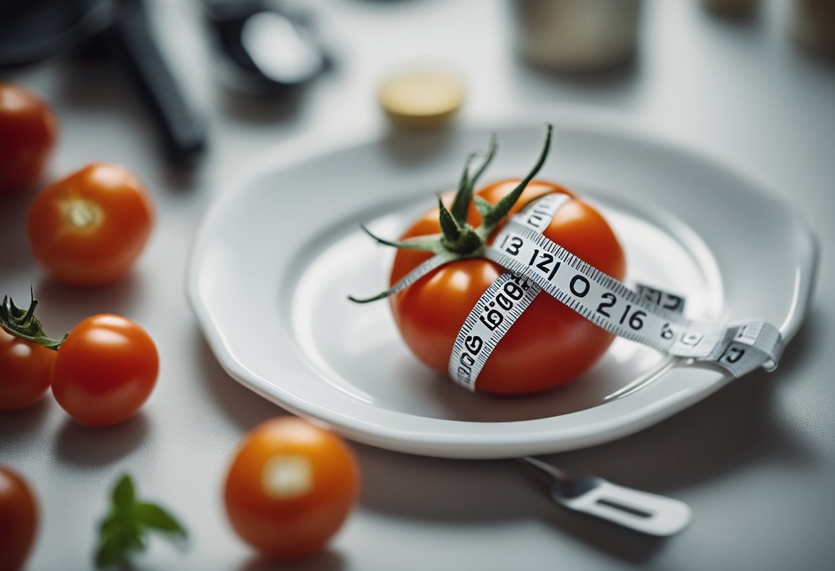 A small tomato sits on a white plate, surrounded by a measuring tape and a nutrition label showing its caloric value