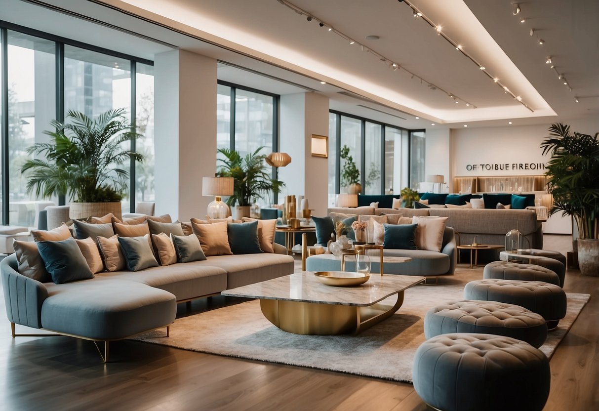 A spacious showroom filled with modern and elegant furniture pieces from Tong Meng. Bright lighting highlights the sleek designs and high-quality materials