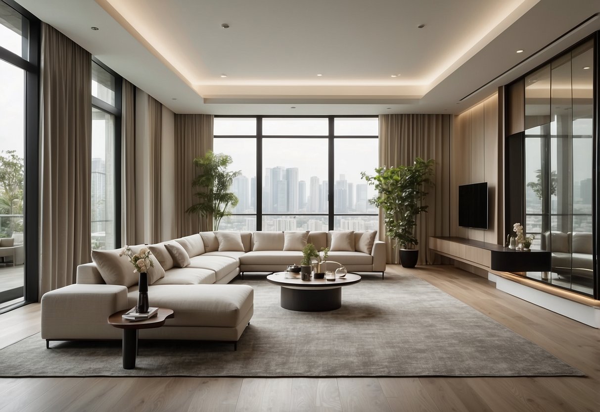 A spacious living room with modern furniture from Tong Meng, featuring sleek lines and a neutral color palette