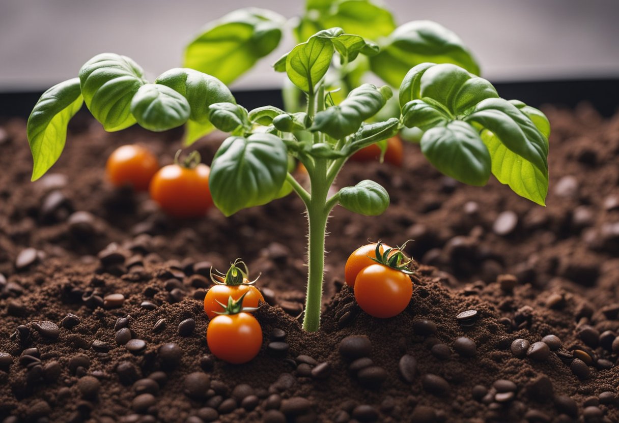 Tomato plants thrive with coffee grounds. Sprinkle grounds around the base of the plant. Illustrate a tomato plant surrounded by coffee grounds