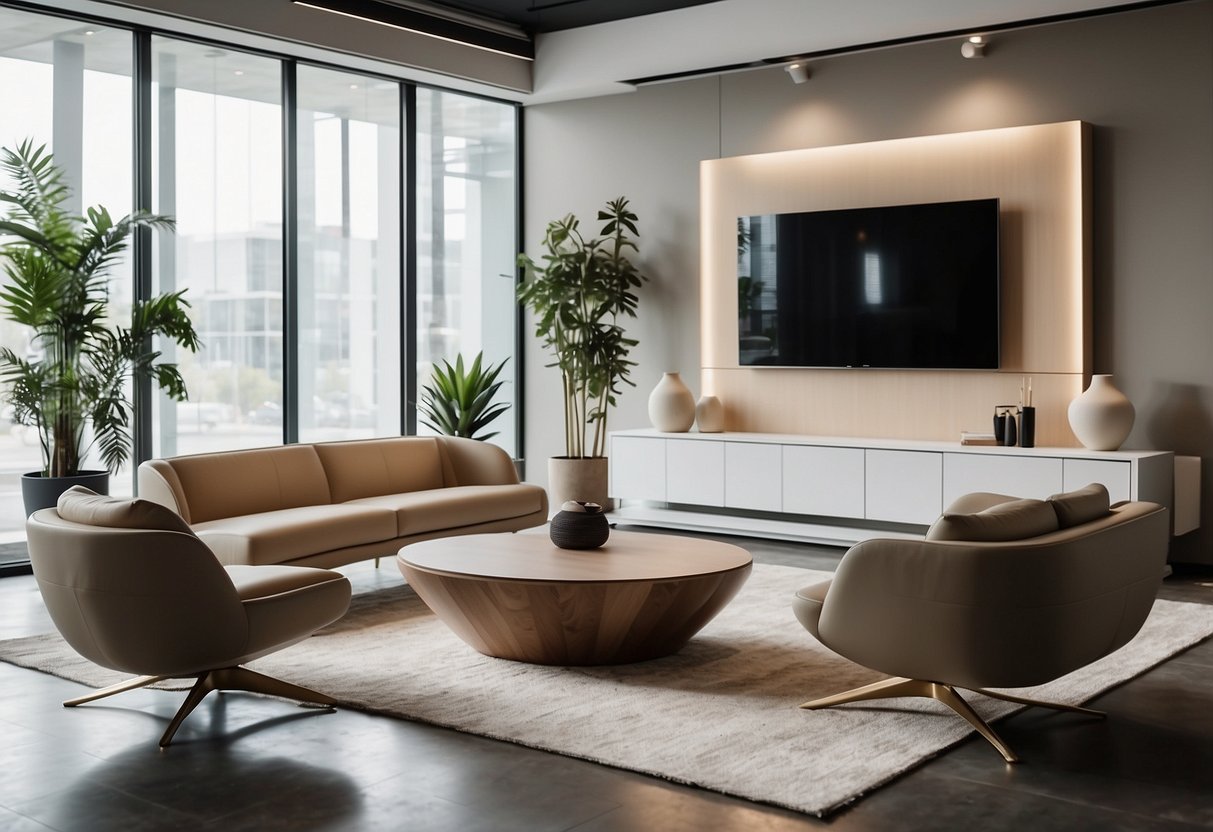 A modern showroom with sleek, minimalist furniture displays. Clean lines and neutral colors create a sophisticated atmosphere