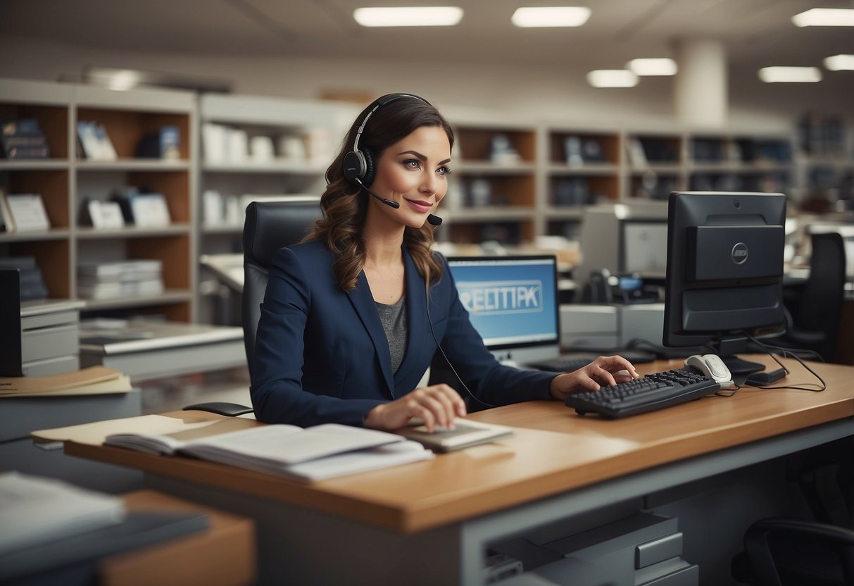 A customer service representative answering questions at a desk with a computer and phone, surrounded by shelves of furniture catalogs
