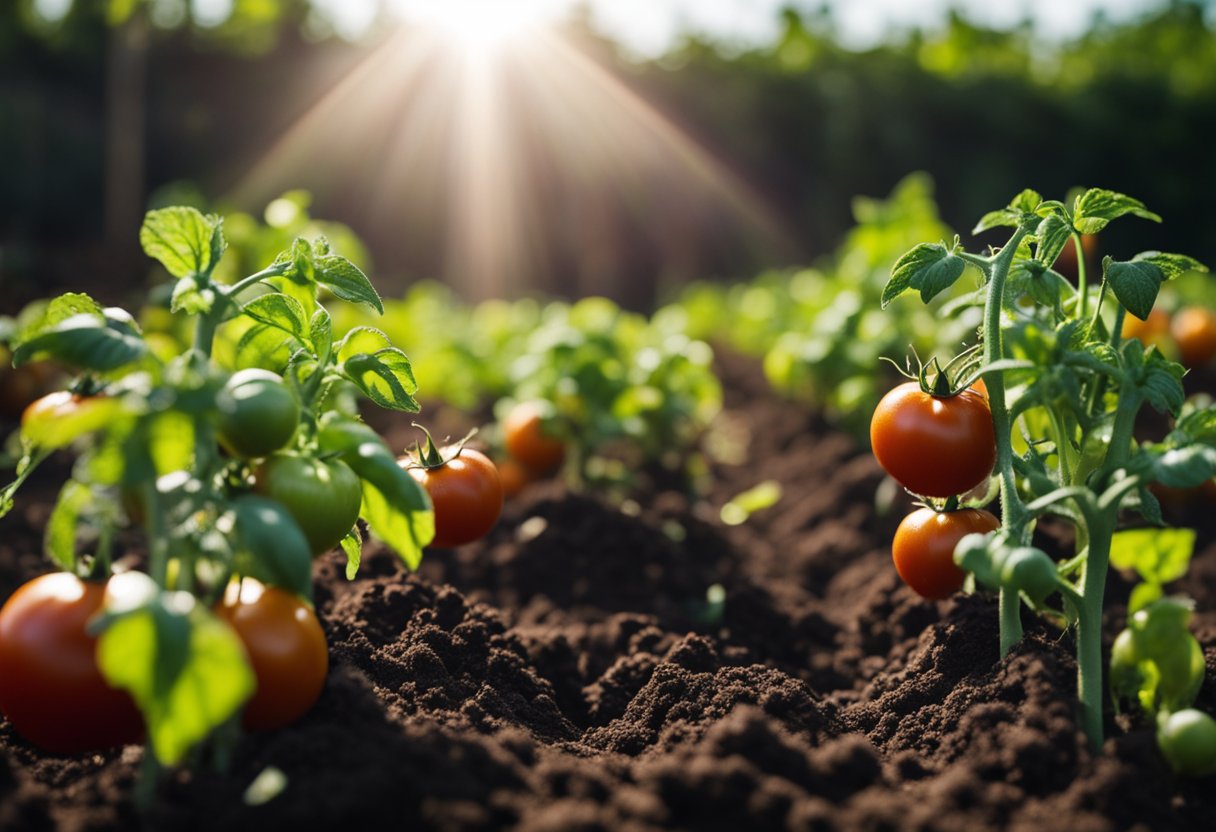 Tomatoes thrive in acidic soil: a lush garden bed with rich, dark soil and vibrant green tomato plants reaching towards the sun