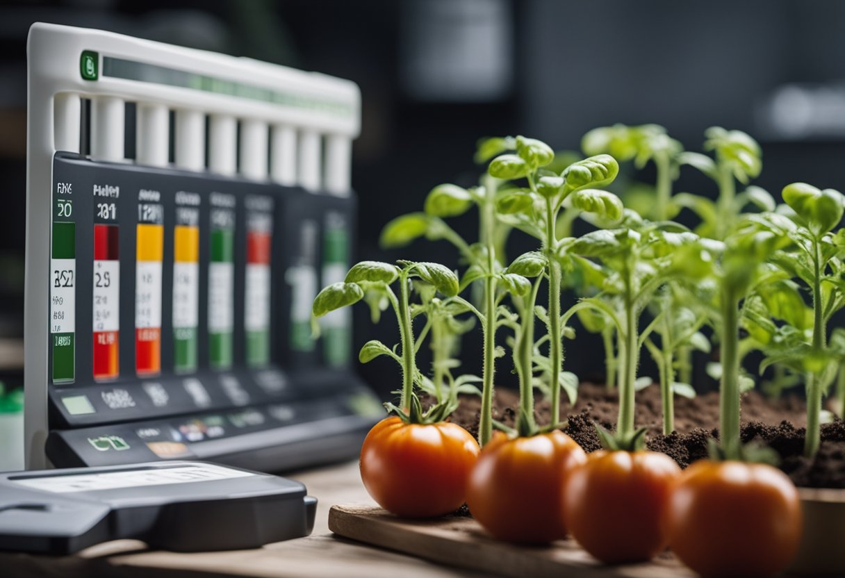 Healthy tomato plants thriving in soil with optimal pH levels, surrounded by pH testing kits and a chart showing the importance of acidity for tomato growth