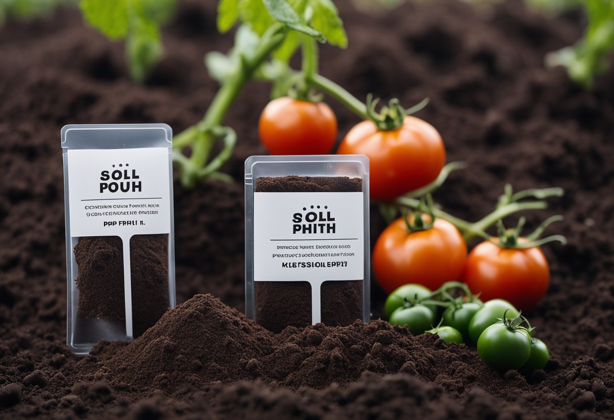 A soil pH test kit sits next to a pile of rich, dark soil with a few ripe tomatoes nearby