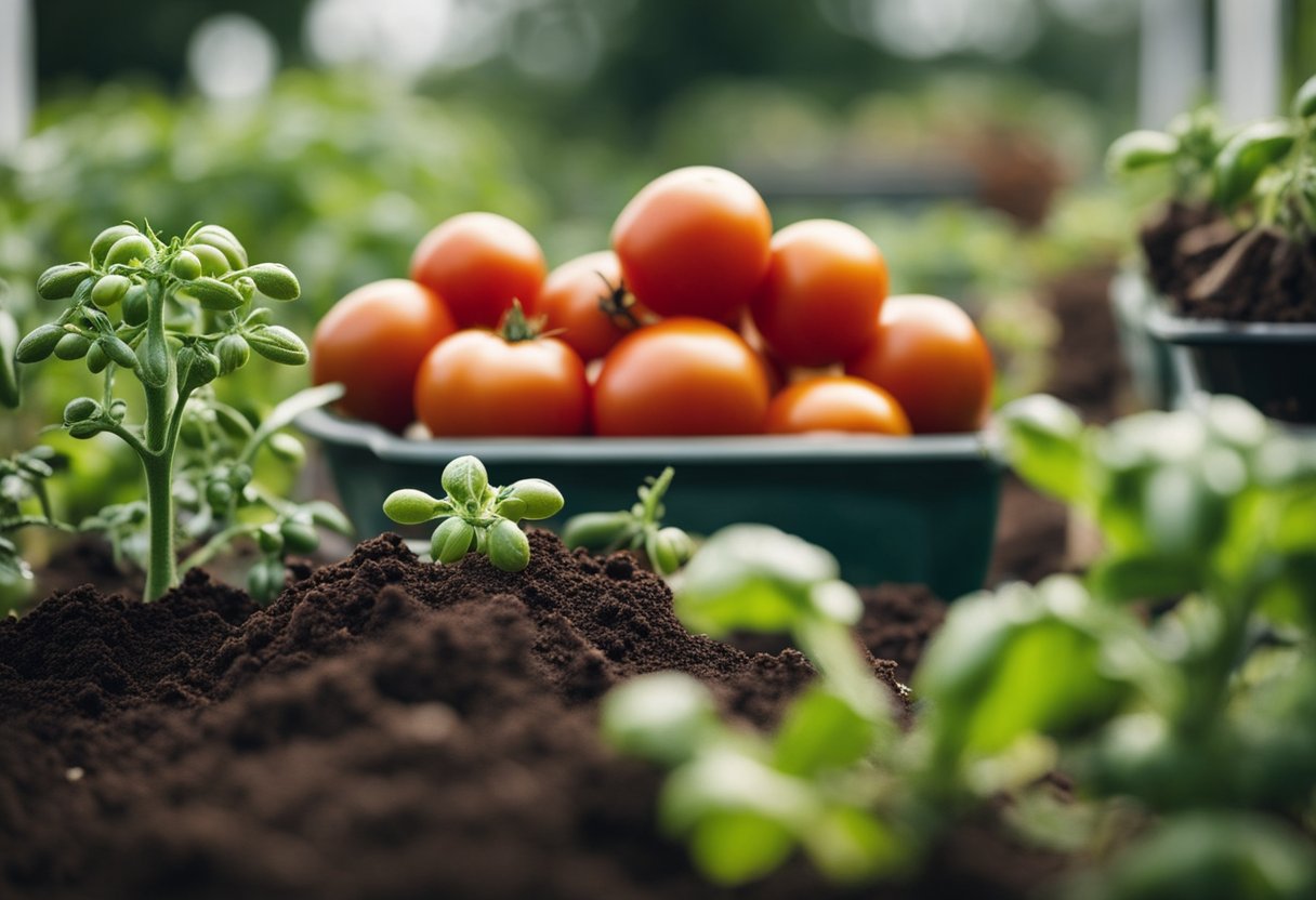 Tomatoes thrive with coffee grounds as a natural fertilizer. Rich soil, coffee grounds, and tomato plants in a garden setting