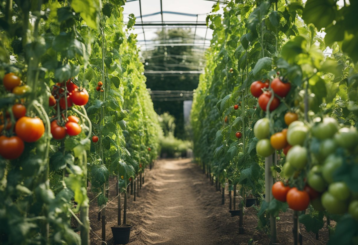 Tall, sturdy homemade tomato cages stand proudly in a lush garden, supporting the sprawling vines and vibrant red fruits