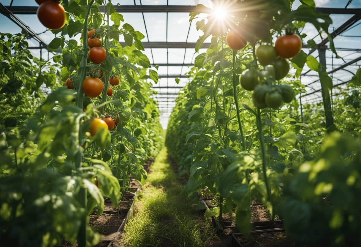 Lush garden with sturdy homemade tomato cages supporting tall, healthy tomato plants. Sunlight filters through the leaves, creating dappled shadows on the ground