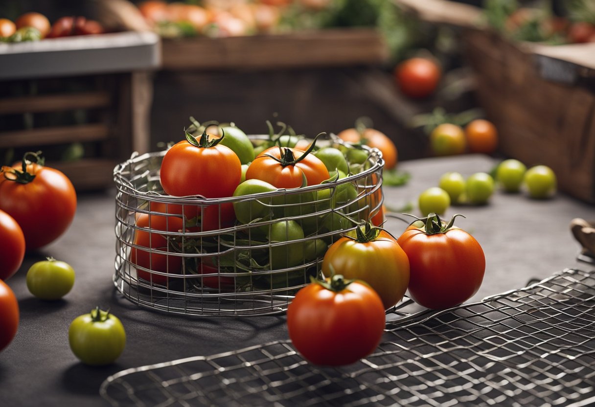 A table with wire mesh, wire cutters, and pliers. Cut and shape wire into cylindrical cages. Display ripe tomatoes nearby