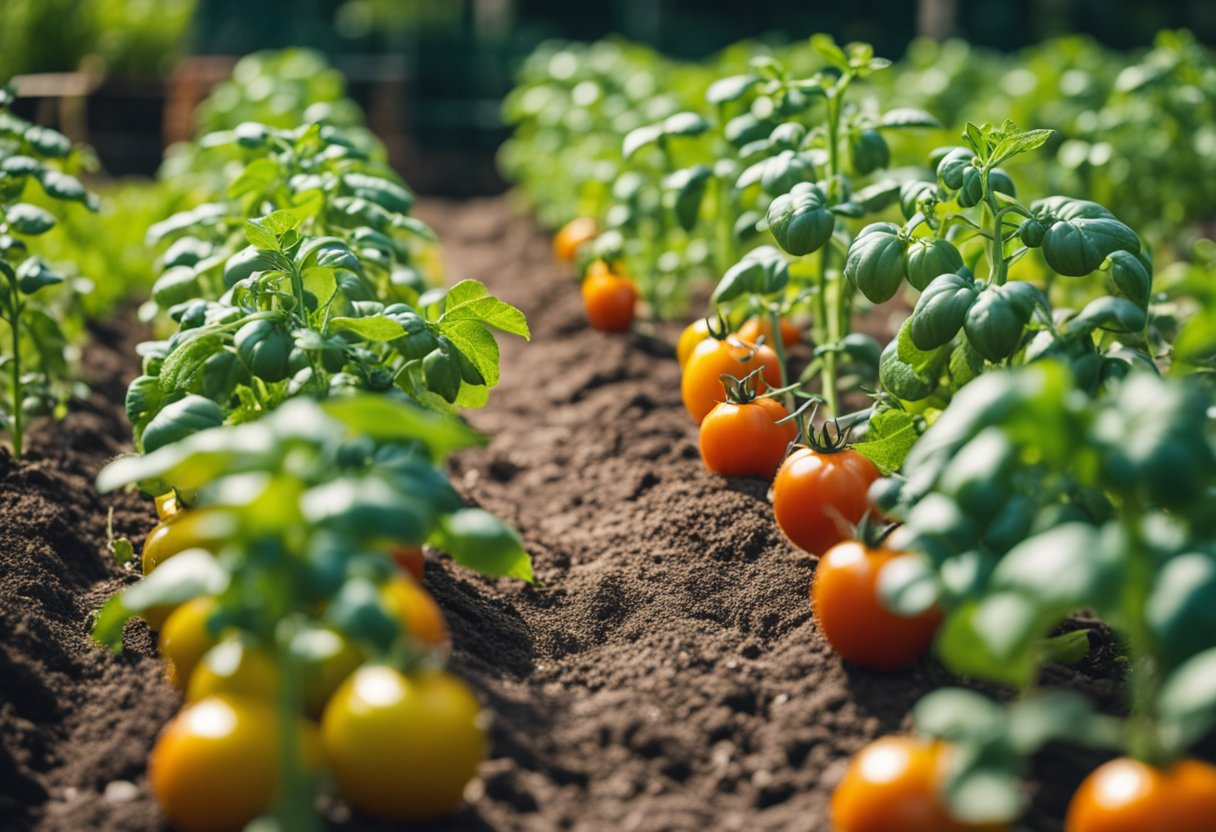 Tomato plants spaced evenly in a garden bed, with measuring tape showing the distance between each plant