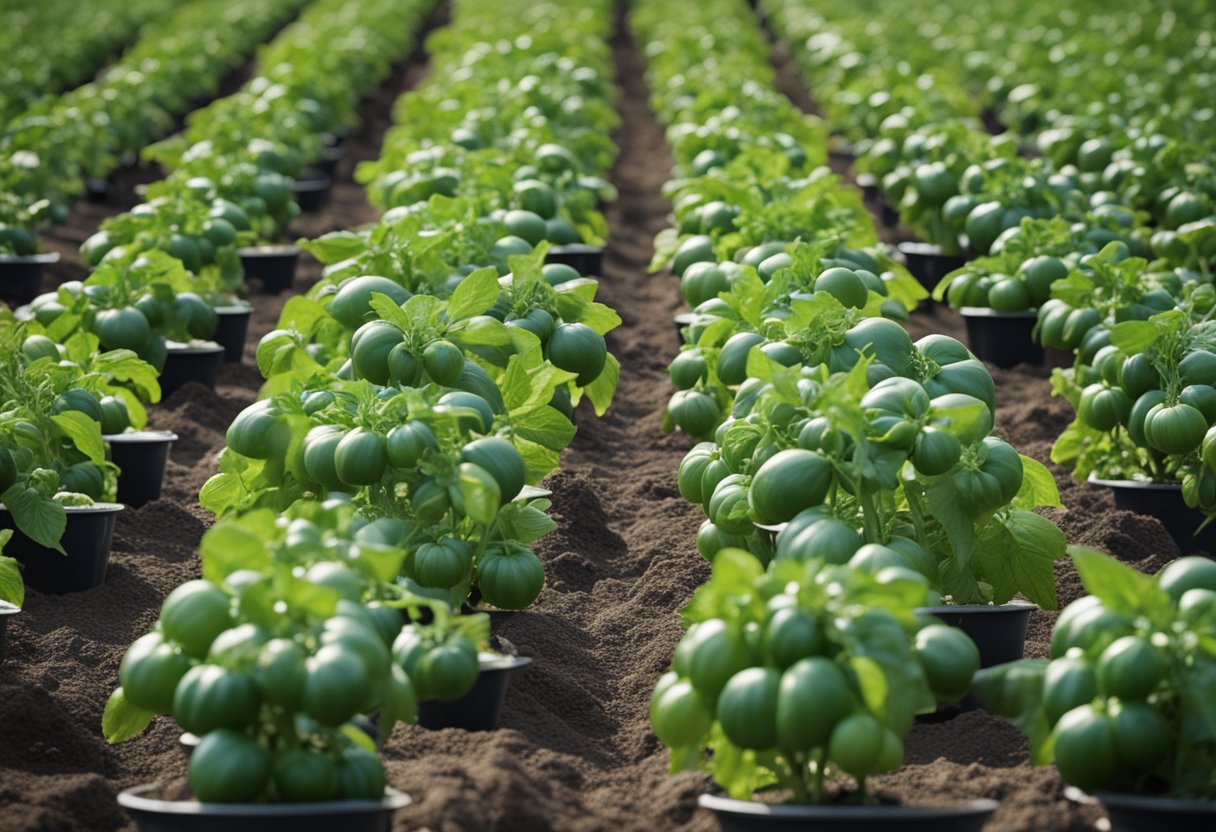 Tomato plants spaced evenly in rows, with each plant at least 18-24 inches apart. Clear markings indicate the distance between each plant