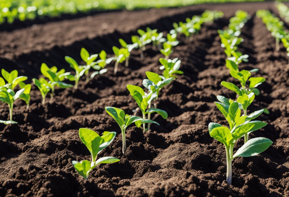 A garden bed with freshly tilled soil, rows marked out for planting, and tomato seedlings spaced evenly apart