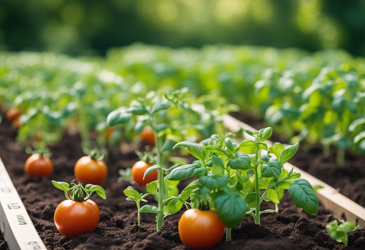 Tomato plants spaced evenly in a garden bed with a ruler measuring the distance between each plant