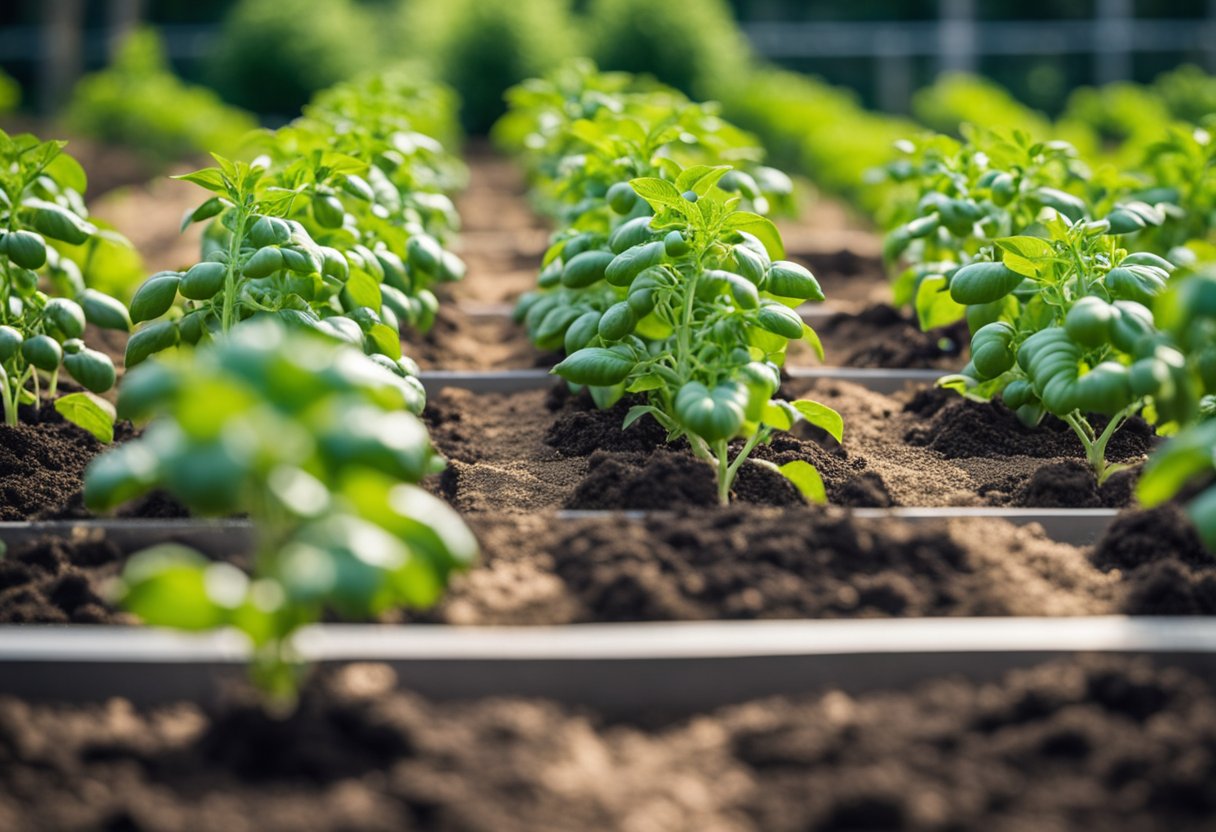 A garden bed with evenly spaced tomato plants, each plant at least 18-24 inches apart, with rows of plants separated by 3-4 feet