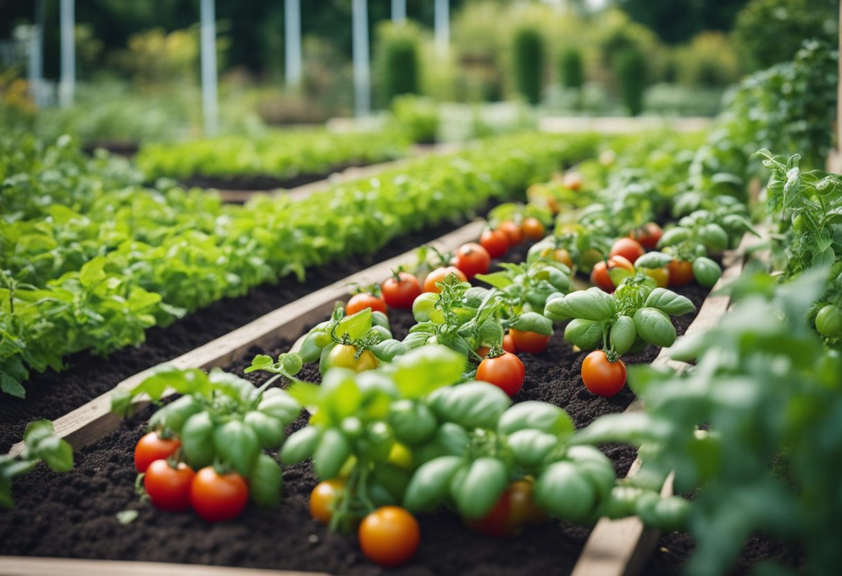 A garden bed with evenly spaced tomato plants, measuring the distance between each plant