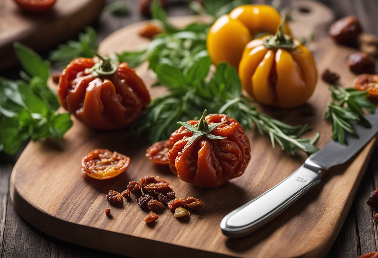 Sun-dried tomatoes sit on a rustic wooden cutting board, surrounded by herbs and spices, with a calendar in the background showing the current date