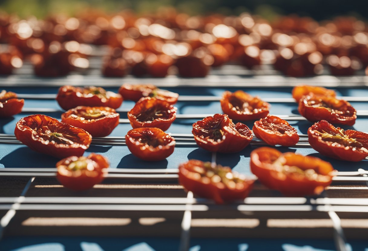 Sun-dried tomatoes lay spread out on a wire rack under the hot sun, slowly dehydrating. They are surrounded by a rustic outdoor setting with a clear blue sky above