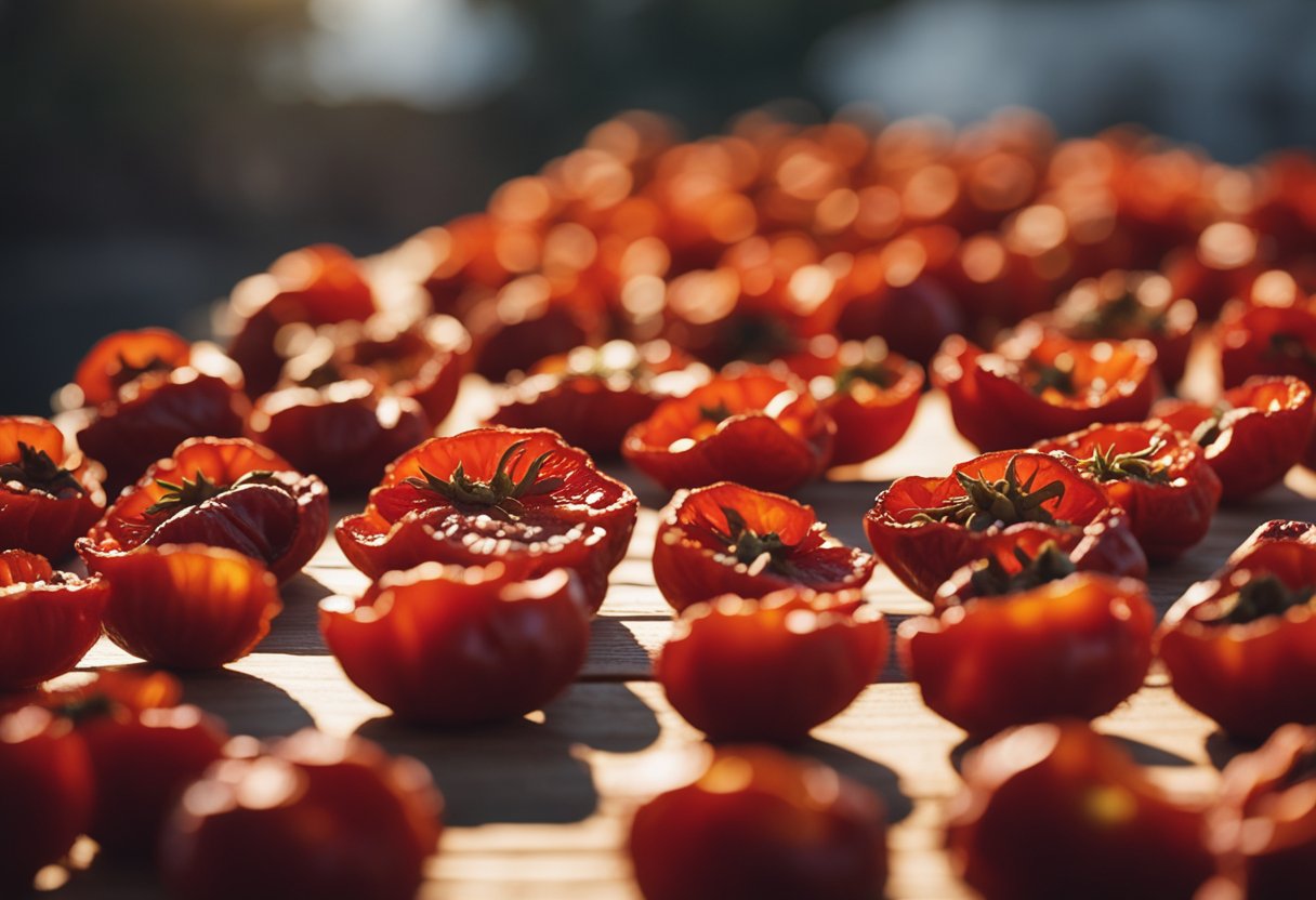 Sun-dried tomatoes sit on a wooden shelf, basking in the warm glow of the sun. The vibrant red tomatoes are carefully arranged in rows, their wrinkled skin indicating their long shelf life