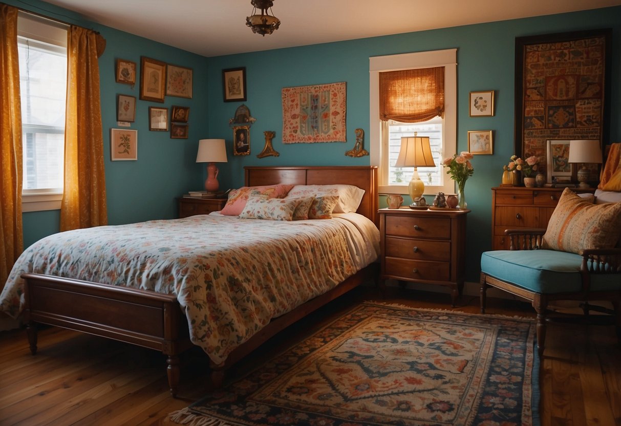 A cozy bedroom with a canopy bed, a vintage dresser, and a quirky nightstand with mismatched knobs. The walls are adorned with eclectic art pieces and the floor is covered in a colorful, patterned rug