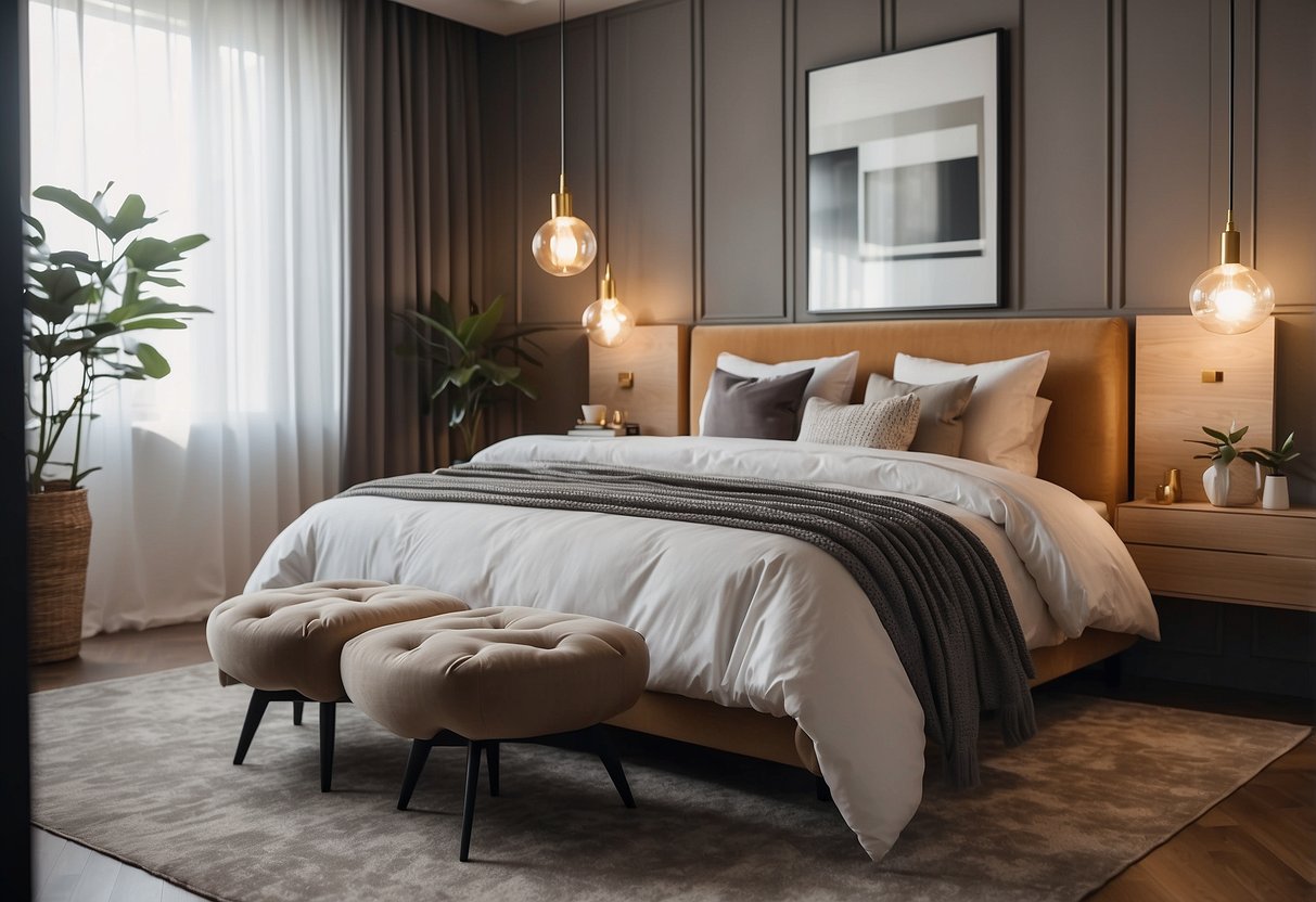 A cozy bedroom with modern furniture, soft lighting, and vibrant decor. A comfortable bed with luxurious linens, surrounded by stylish nightstands and a chic dresser