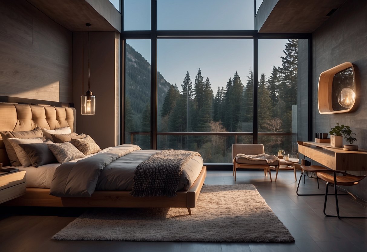 A cozy bedroom with modern, one-of-a-kind furniture pieces arranged in a creative and stylish manner. The room exudes a sense of individuality and uniqueness