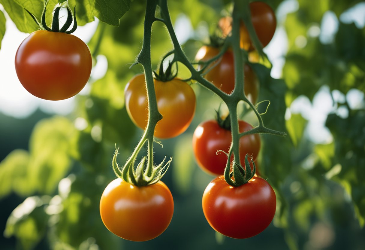 Ripe Jetstar tomatoes dangle from the vine, basking in the warm sunlight of a summer afternoon