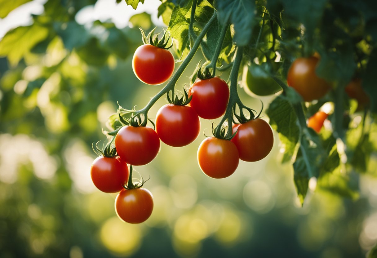 A cluster of ripe red Jetstar tomatoes hang from the vine, glistening in the sunlight with their smooth, round shapes and vibrant color