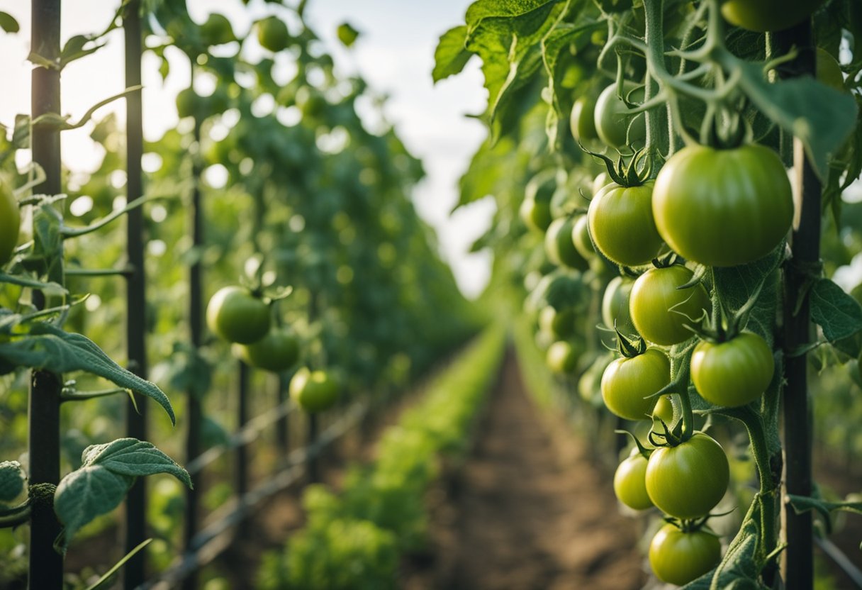 Lush green tomato plants grow in neat rows, supported by stakes and trellises. Jetstar tomatoes ripen on the vine, ready for harvest