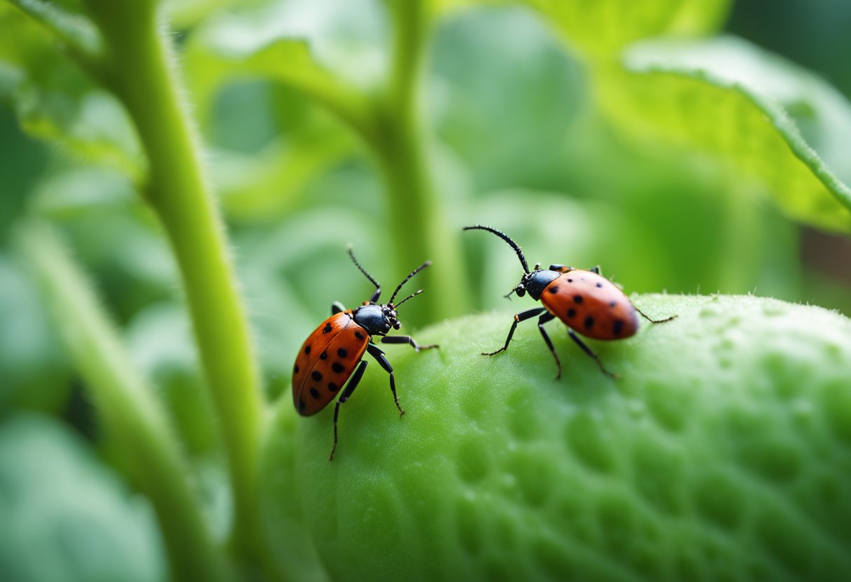 Red bugs crawl on green tomato plants, feasting on leaves and stems