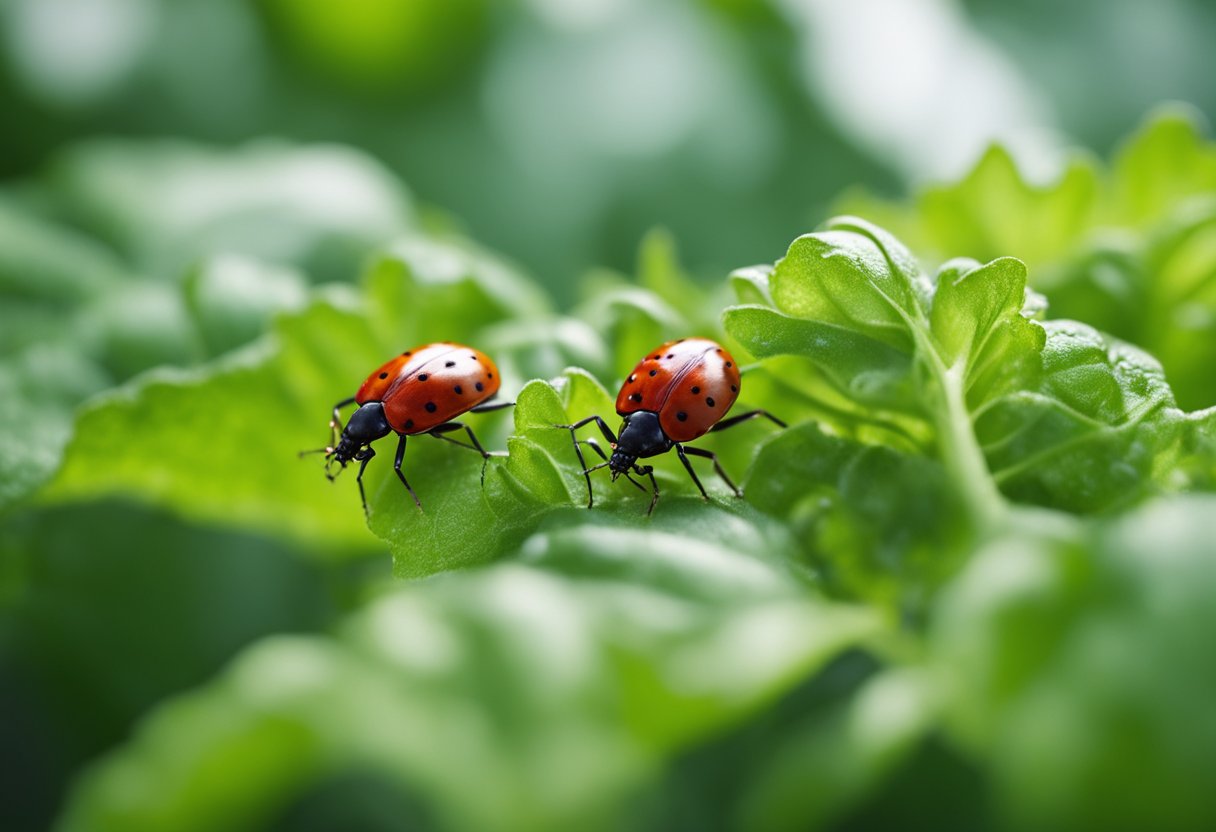Bright red bugs crawl on green tomato leaves. They cluster around stems and undersides of leaves, feeding on plant sap