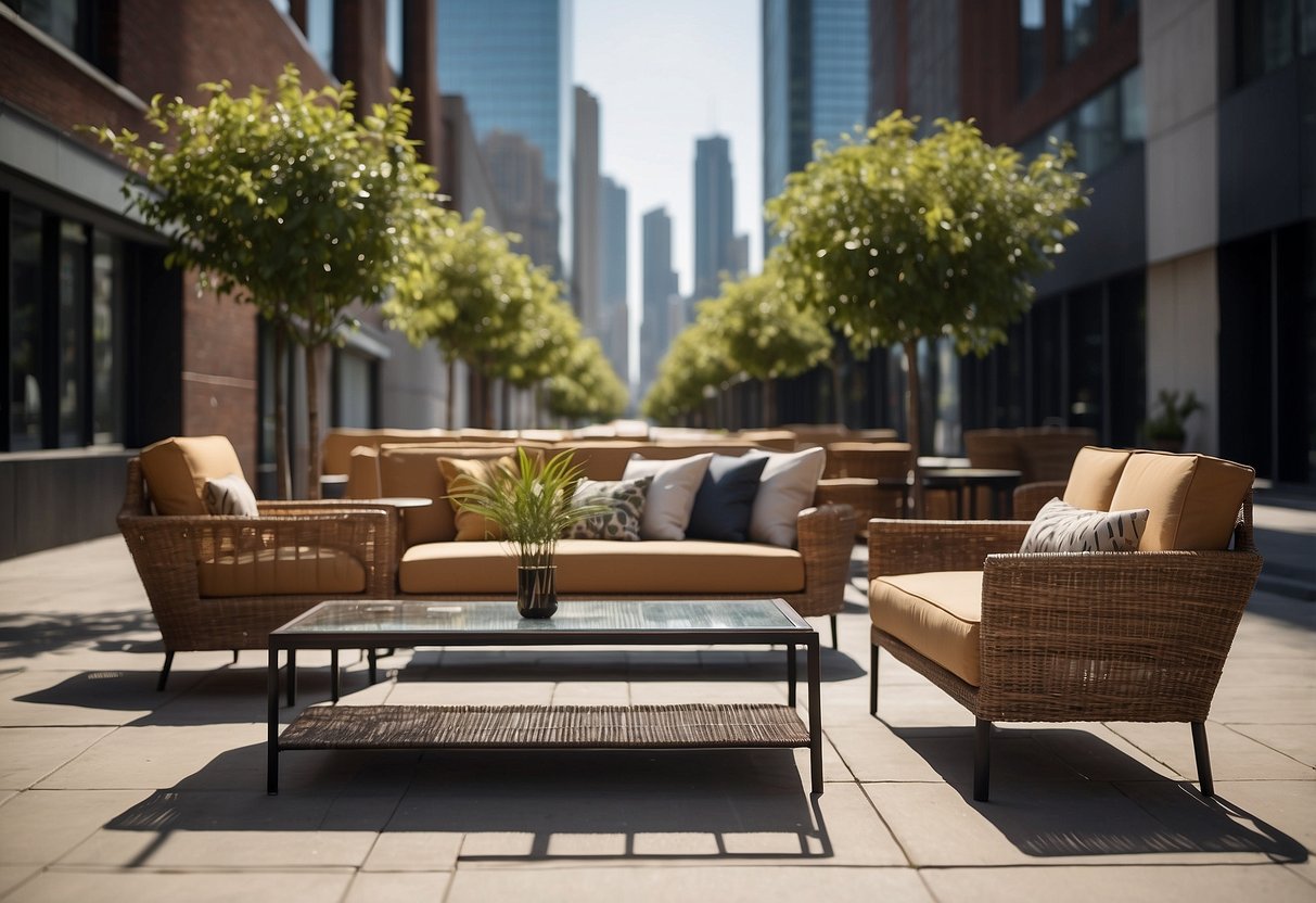 An urban setting with modern furniture from Urban Ladder, featuring sleek designs and clean lines, set against a backdrop of city buildings and bustling streets