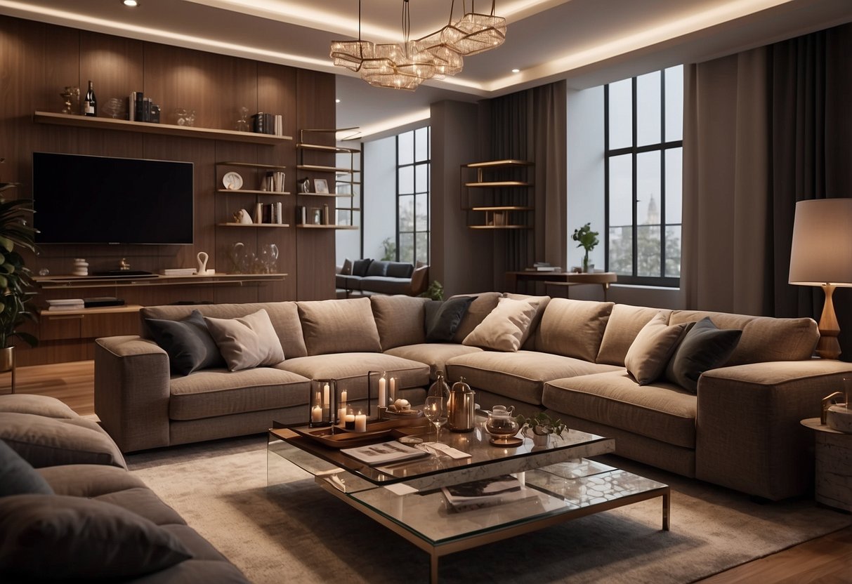 A cozy living room with a plush sofa, modern coffee table, and elegant bookshelf from Urban Ladder's furniture collection. Warm lighting and stylish decor complete the inviting space