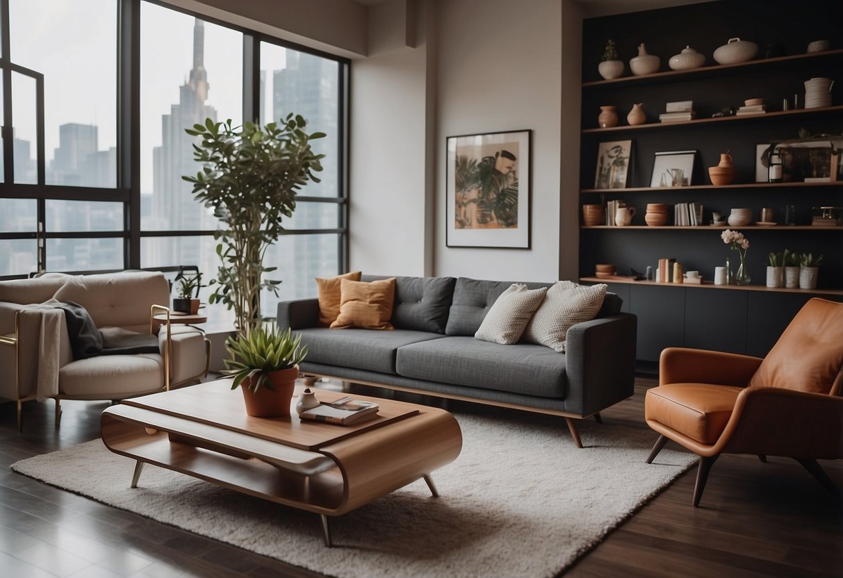 A modern living room with Urban Ladder furniture, featuring a sleek sofa, a stylish coffee table, and contemporary decor