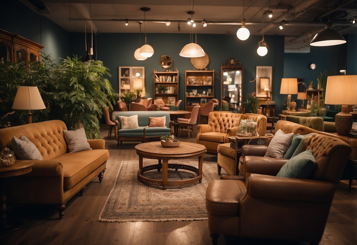 An eclectic array of used furniture fills the store, from vintage armchairs to modern coffee tables. The space is cozy, with warm lighting and a welcoming atmosphere