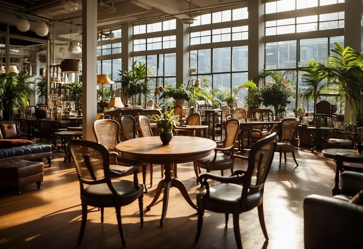 Customers browse aisles of vintage chairs, tables, and cabinets in a cozy Singapore used furniture store. Sunlight filters through the windows, highlighting the unique pieces on display