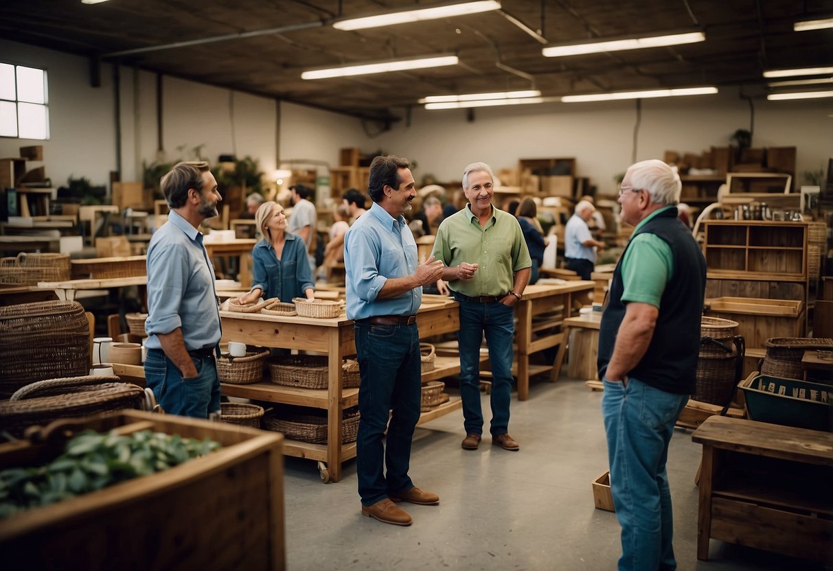 Customers browse secondhand furniture, chatting with local artisans. A sign promotes eco-friendly practices. Community impact evident
