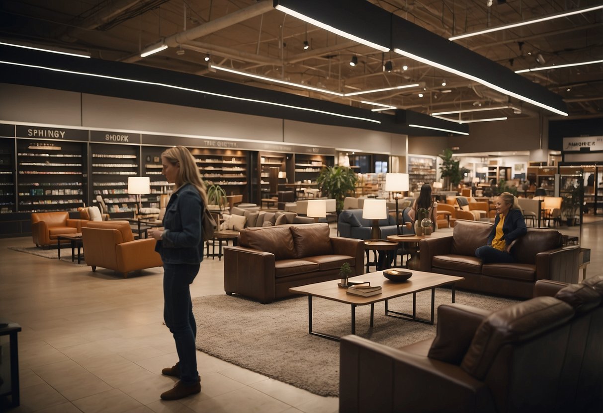 Customers browsing through neatly arranged furniture in a spacious store. Signage and labels indicating "Frequently Asked Questions" displayed prominently