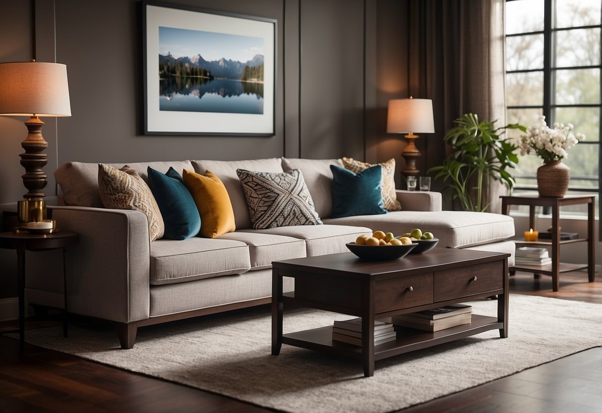 A cozy living room with Usha Lexus furniture, featuring a comfortable sofa, elegant coffee table, and stylish decor. Customer information displayed discreetly
