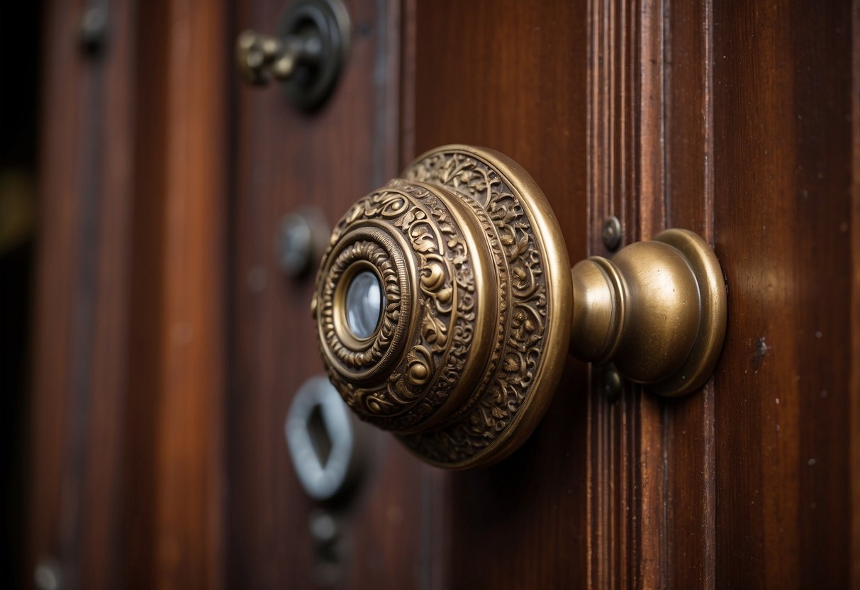 A weathered brass doorknob turns on a chipped wooden door, revealing intricate keyhole plate and ornate hinges