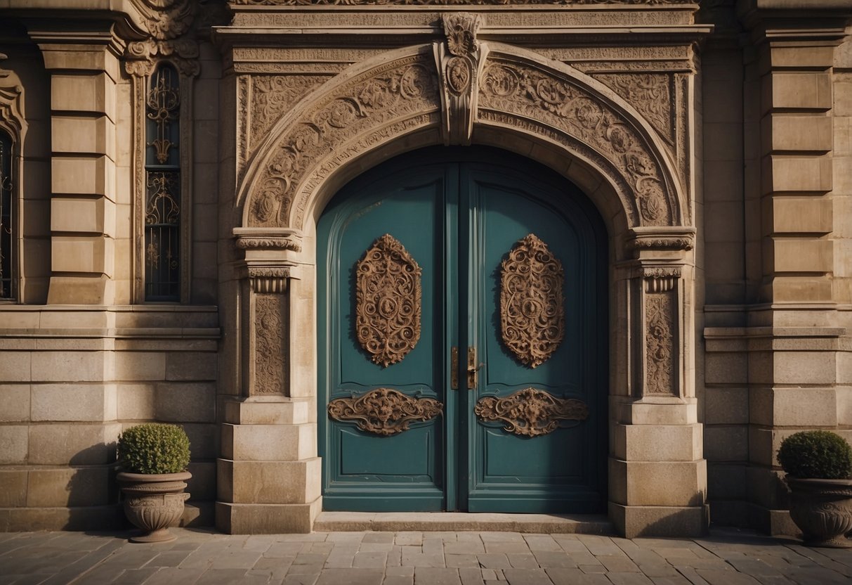 A vintage door with ornate, historical significance. The intricate styles of the door furniture reflect the time period it represents