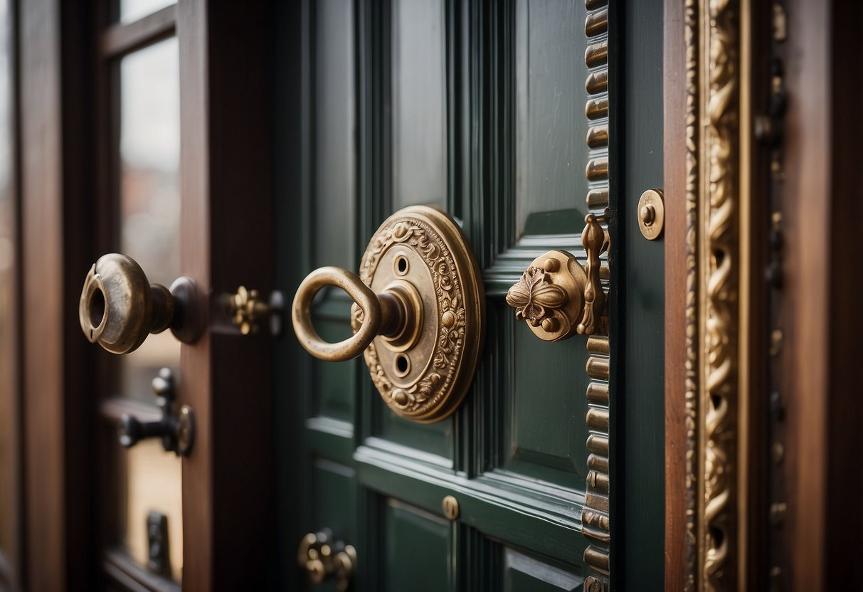 A vintage door with ornate brass handles and a keyhole, surrounded by a collection of frequently asked questions about door furniture