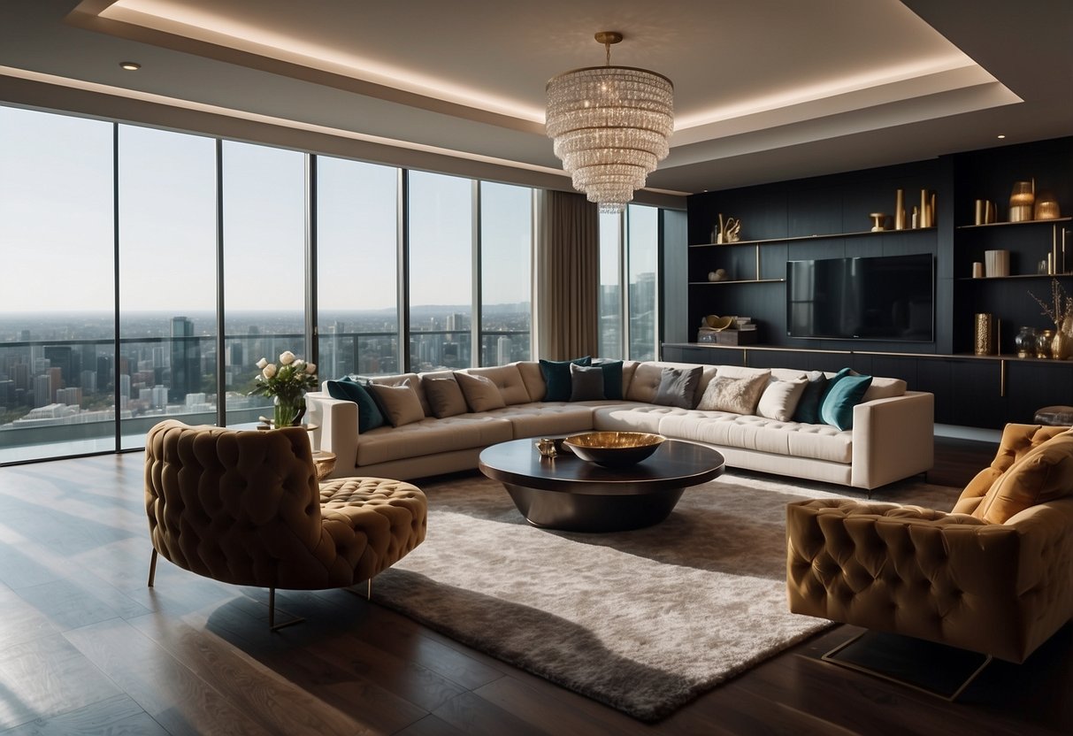 A luxurious living room with modern, sleek furniture and elegant lighting. Rich textures and bold colors create a sophisticated atmosphere