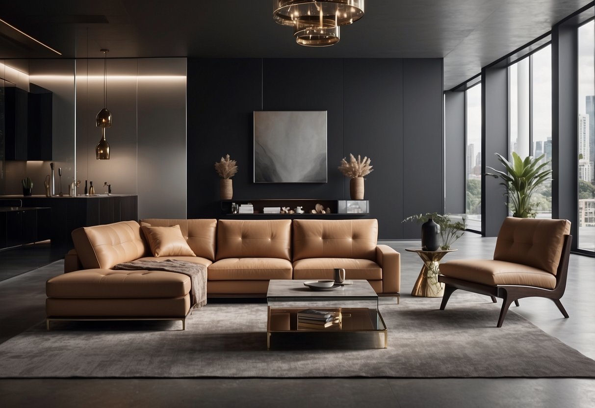 A modern living room with sleek, minimalist furniture from the 2024 Visionnaire Collection. Clean lines, luxurious materials, and innovative designs create a sophisticated and elegant atmosphere